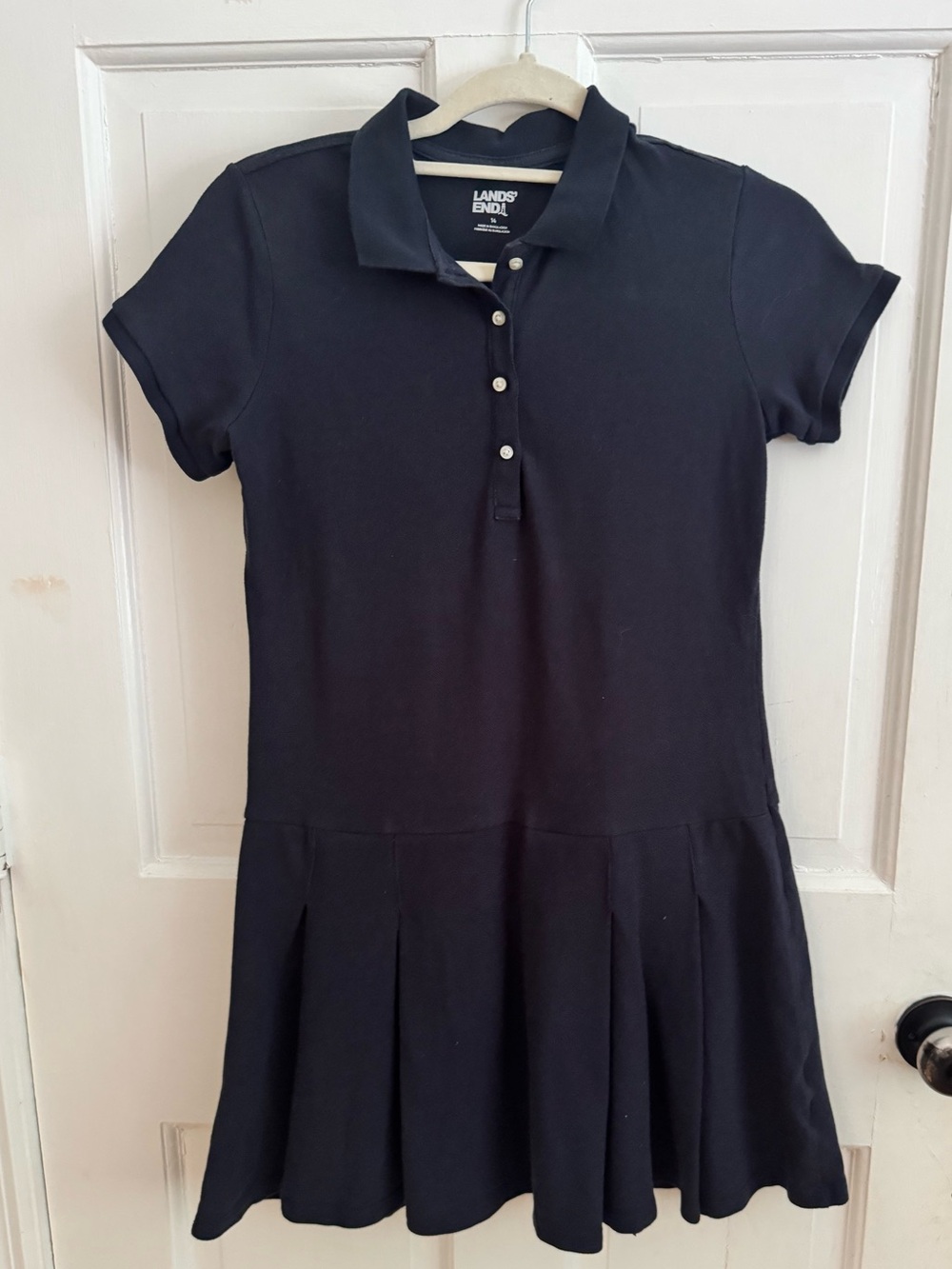 Lands' End Girls Navy Blue Short Sleeve Mesh Pleated Polo Dress Uniform, 14